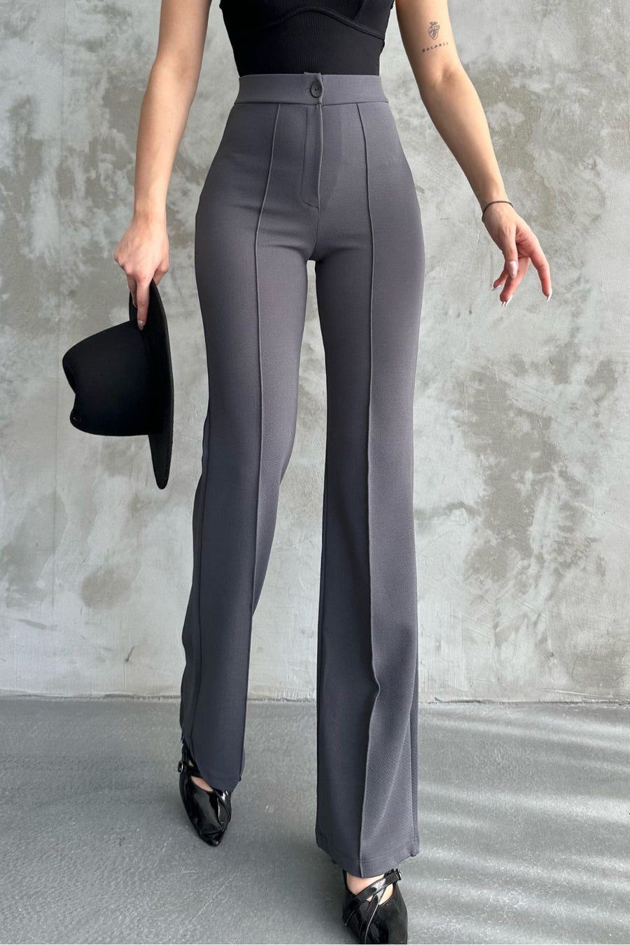 macharel jeans Kadın Siyah Yüksek Bel Toparlayıcı Ispanyol Paça Palazzo Pantolon - Kahve