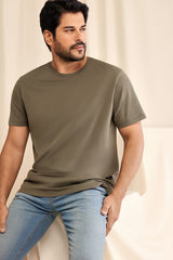 AC&Co / Altınyıldız Classics Erkek/unisex Beyaz %100 Pamuk Slim Fit Dar Kesim Bisiklet Yaka Basic Tişört - Haki