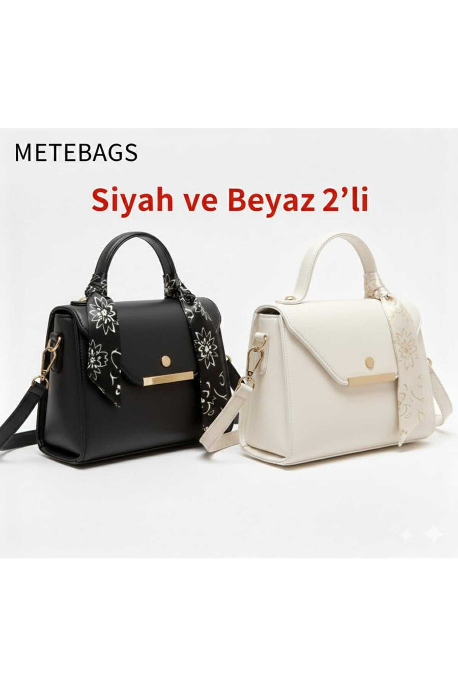 METEBAGS Siyah,Krem,Acı kahve 3'lü Paket Suni Deri Fular Detaylı Omuz& El Çantası