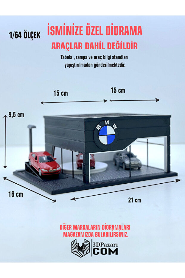 Butik 3D Baskı 1/64 Ölçekli BMW Showroom Tasarımlı Siyah Diorama Araç Sergileme Garajı