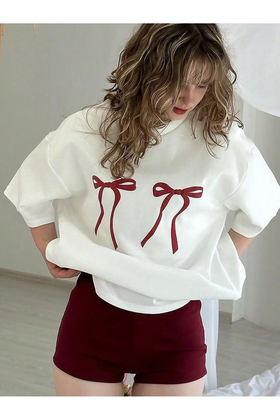 oneagılyazı Kadın Kurdela Baskılı Tshirt - Bisiklet Yaka - Gumus