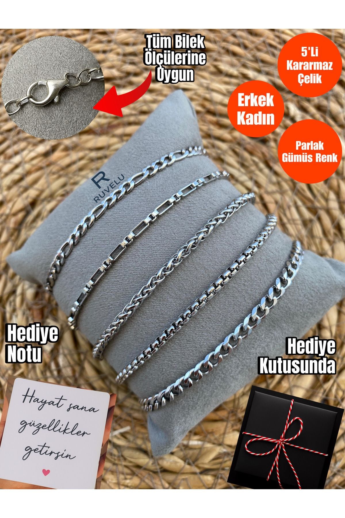 ruvelu 5'li Çelik Bileklik Seti | Paslanmaz, Kararmaz, Unisex, Hediyelik, Yüksek Kalite