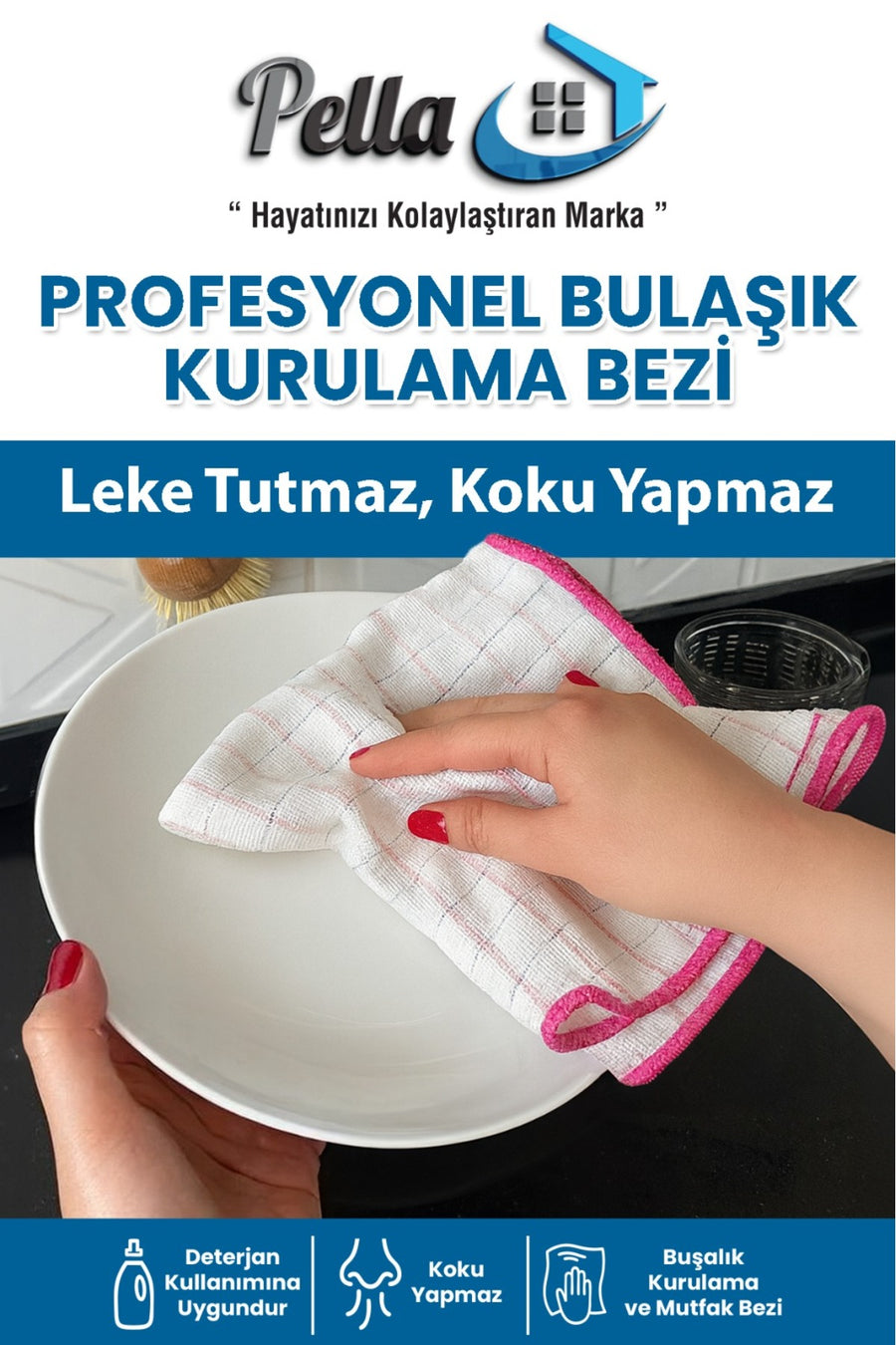 Pella (3 adet) Bulaşık Kurulama Bezi (Mikrofiber) 40x40 cm