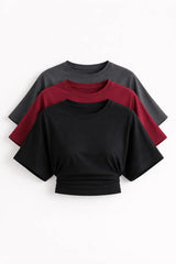 COMBİNE MİCHAİL Kadın Yarasa Kollu Basic Dar 3 Lü Crop Bluz - Cok