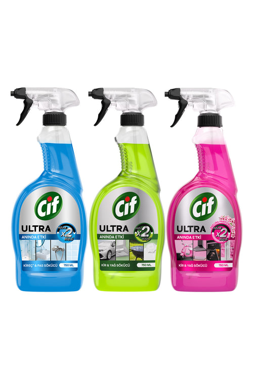 Cif Ultra Sprey Anında Etki Kir & Yağ Çözücü 750ml x1 Sakura Sprey x1 Kireç ve Pas Sökücü x1