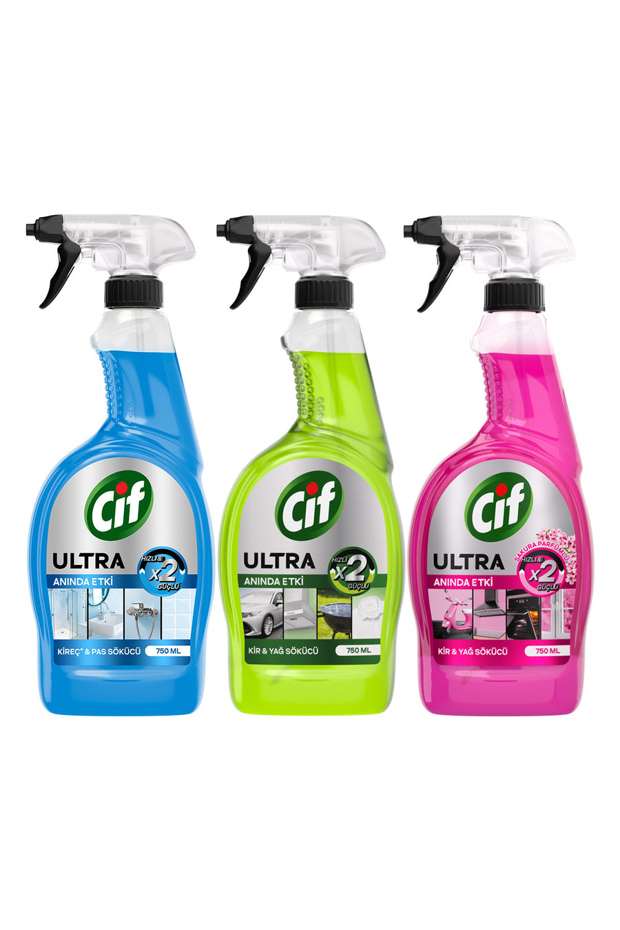 Cif Ultra Sprey Anında Etki Kir & Yağ Çözücü 750ml x1 Sakura Sprey x1 Kireç ve Pas Sökücü x1