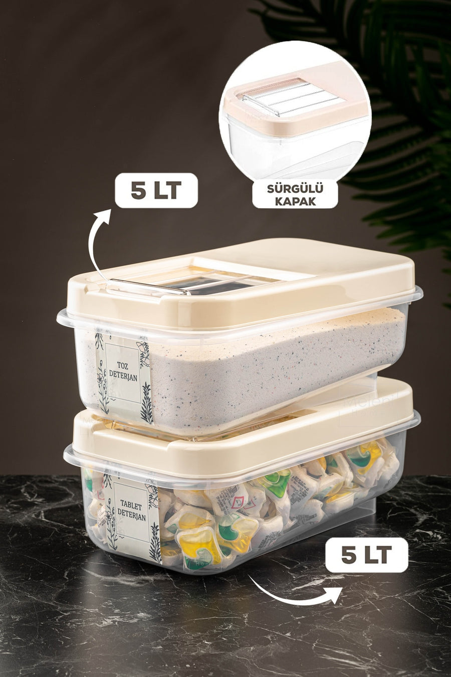 Meleni Home 2'li 10 Lt Kayar Kapaklı Tablet Deterjan Saklama Kutusu - Etiketli Deterjan Saklama Kabı Krem