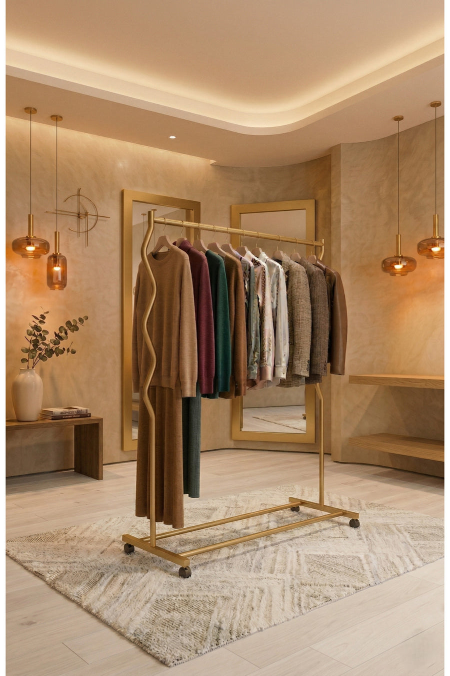 ARVİONHOME Modern Lüks Gold Desenli Metal Tekerlekli Konfeksiyon Askılığı ve Dayanıklı Taşınabilir Raflı Stand
