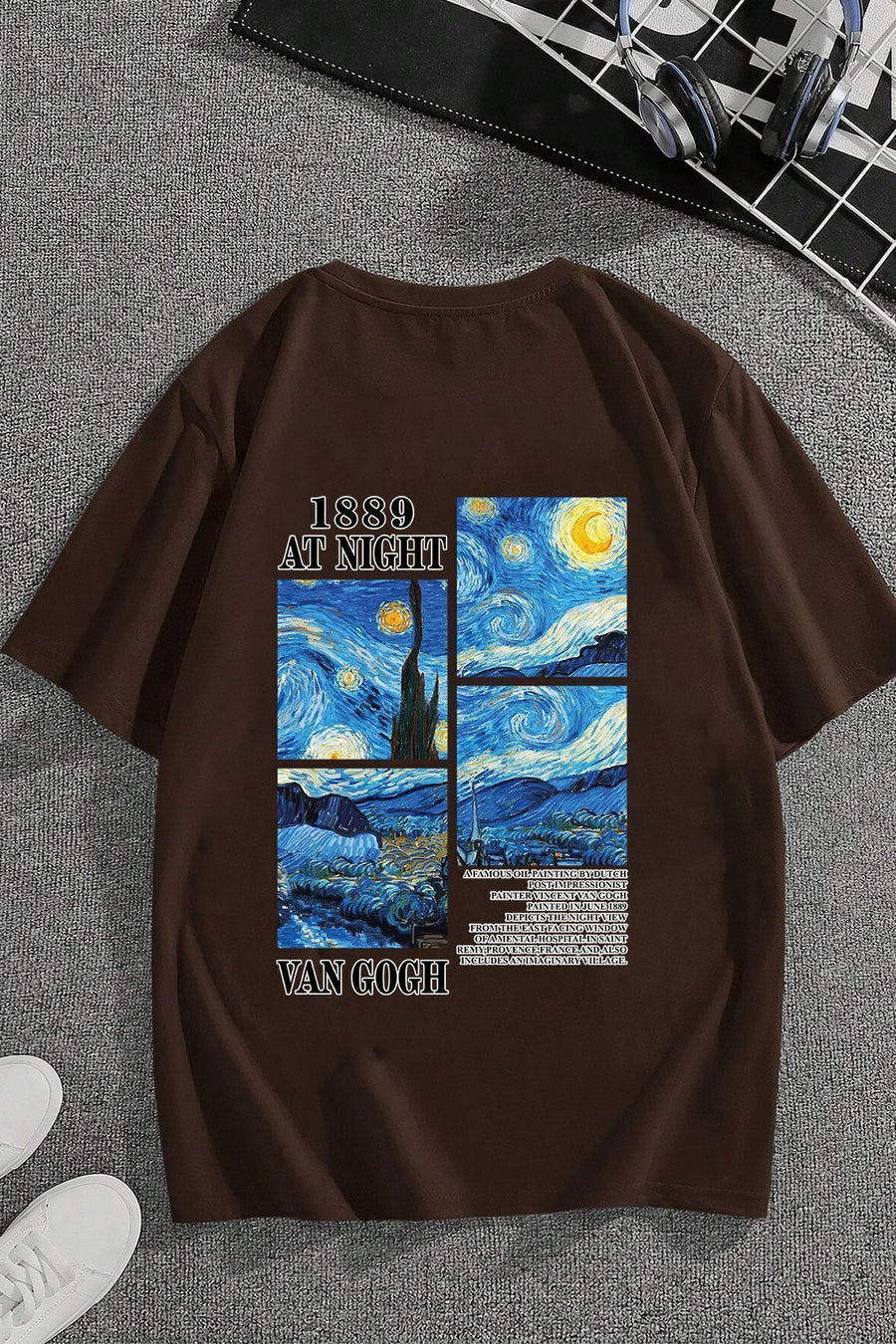 uyguntarz Unisex Van Gogh Baskılı Oversize Tshirt - Kahverengi