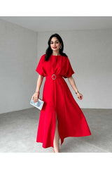 MODA DURAĞI KALİTELİ MİDİ ELBİSE YIRTMAÇ DETAYLI KEMERLİ - Kirmizi-C