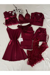 MH Moony Homewears Kutulu 12'li Parça Pause Bordo Saten Pijama Gecelik Sabahlık Iç Giyim Çeyiz Seti - Bordo Renk