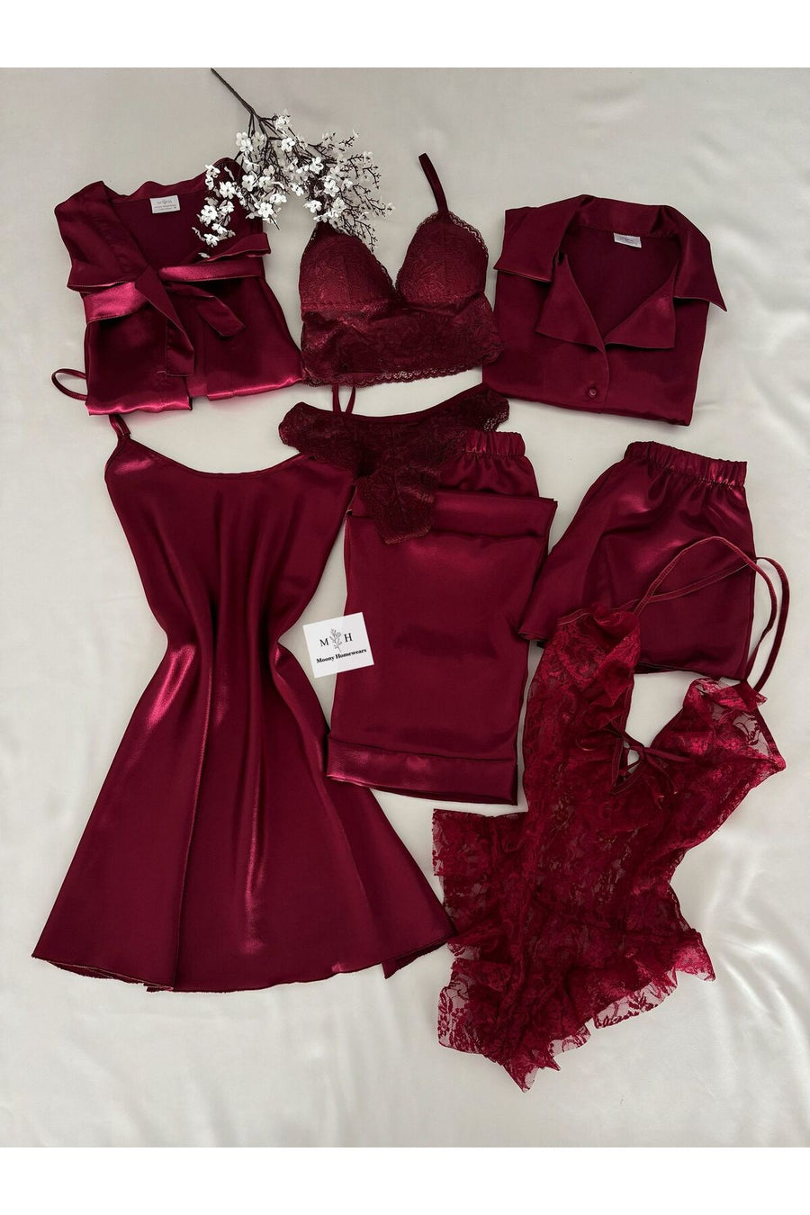 MH Moony Homewears Kutulu 12'li Parça Pause Bordo Saten Pijama Gecelik Sabahlık Iç Giyim Çeyiz Seti - Bordo Renk