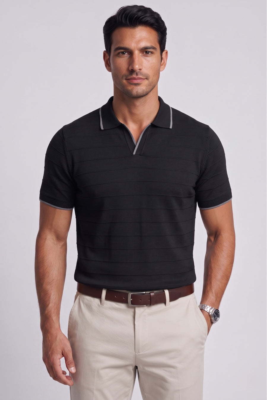viyamen Erkek Triko Kumaş Yakalı Düğmesiz Açık Yaka Fitilli Kısa Kollu Regular Fit Tişört T-shirt - - Bebek