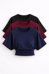 COMBİNE MİCHAİL Kadın Yarasa Kollu Basic Dar 3 Lü Crop Bluz - Kahve