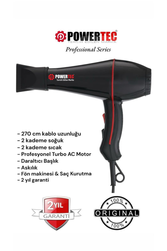Powertec TR-(W) Turbo Professional Series Fön Makinesi & Saç Kurutma m Uzun Kablolu Yeni Versiyon