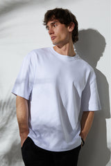 Tudors Unisex Oversize Geniş Kesim %100 Pamuk Yumuşak Dokulu Basic Bisiklet Yaka Beyaz Tişört - Siyah