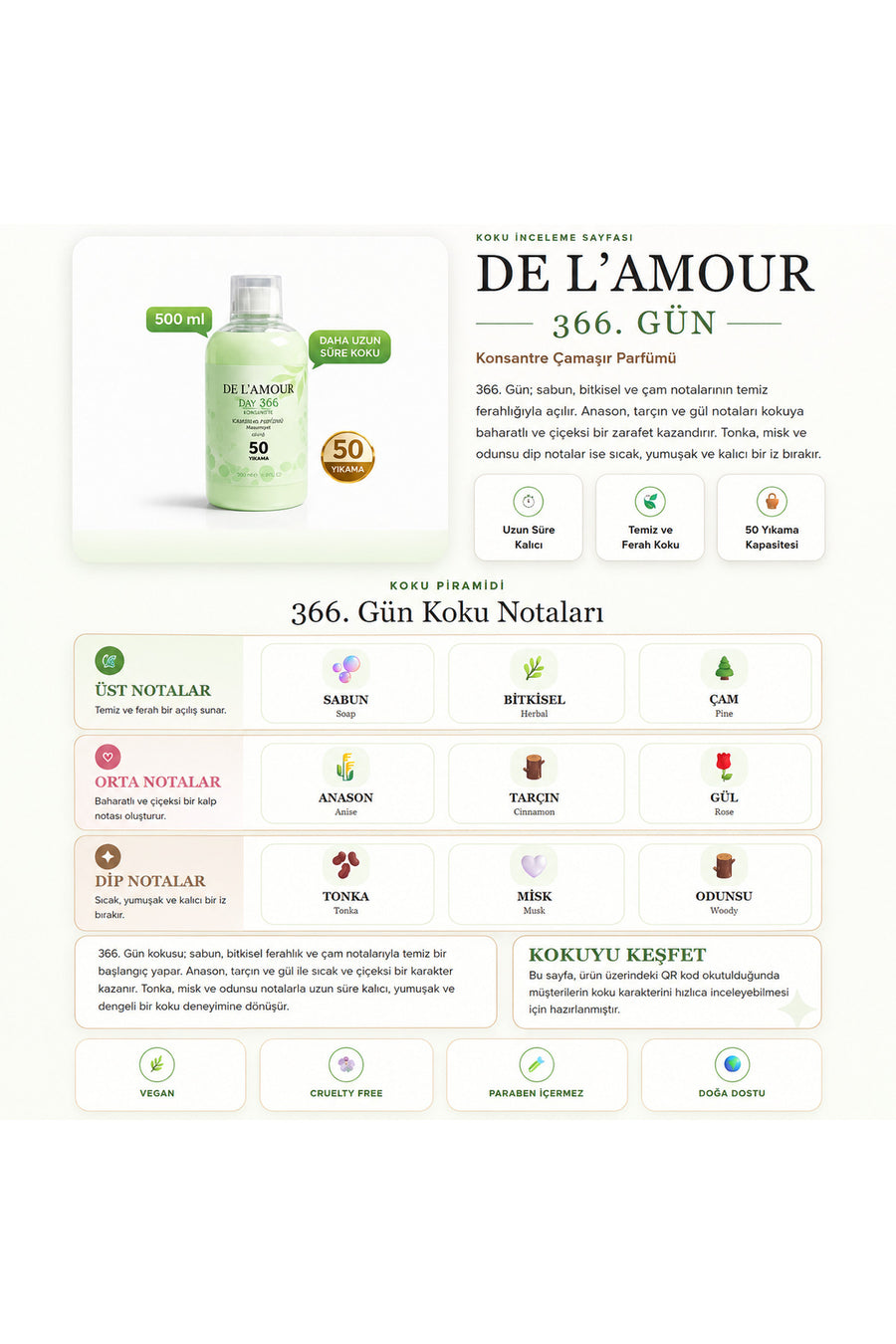delamour Konsantre Sıvı Çamaşır Parfümü & 50 Yıkama %0 Alerjen 500ml 366.Gün