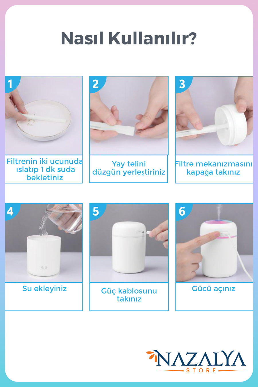 Nazalya 300 ml Ulrasonik Ledli Hava Nemlendirici Buhar Makinesi Ve Aroma Difüzörü