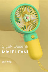 GoMarkt Şarjlı Mini El Ve Masa Fanı Çiçek Desenli Mini El Pervanesi Soğutu El Fanı