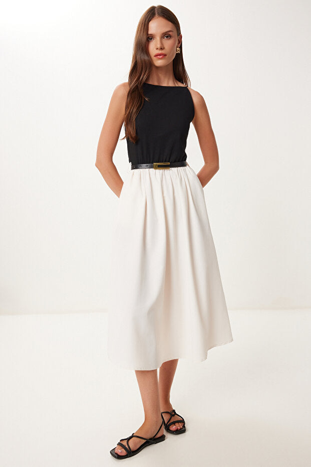 Lovelyİstanbul Esnek Örme Üstlü Poplin Etekli Elbise SİYAH KREM LUB0121