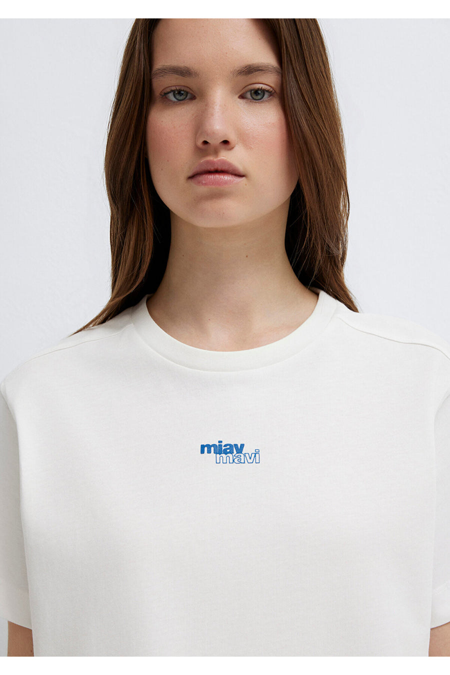 Mavi Miav Baskılı Ekru Tişört Crop / Kısa Kesim 1614091-70057