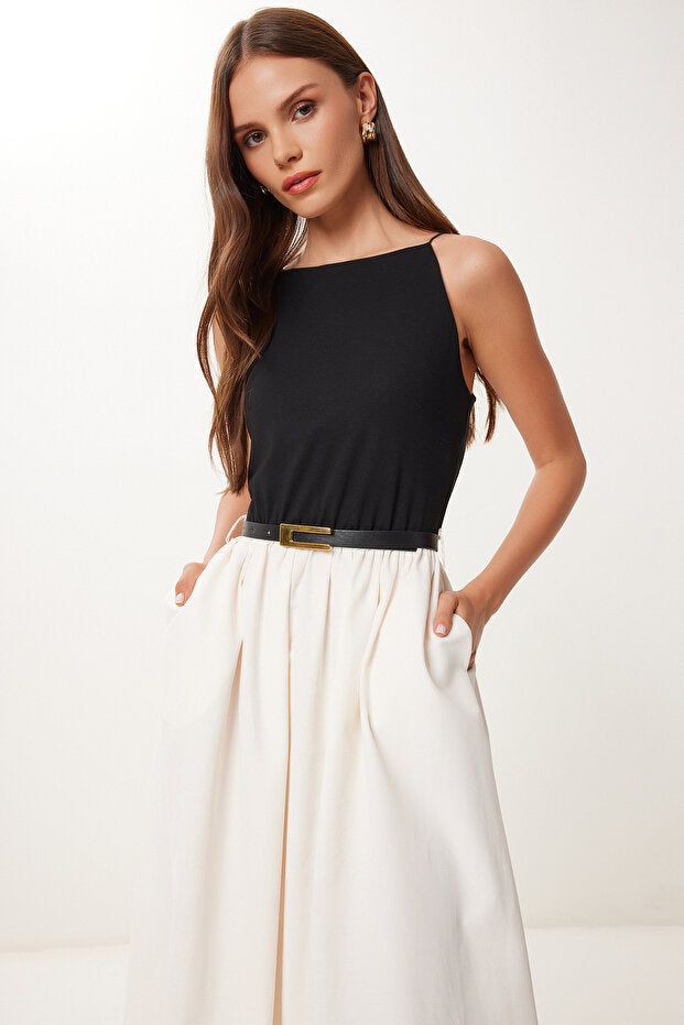 Lovelyİstanbul Esnek Örme Üstlü Poplin Etekli Elbise SİYAH KREM LUB0121