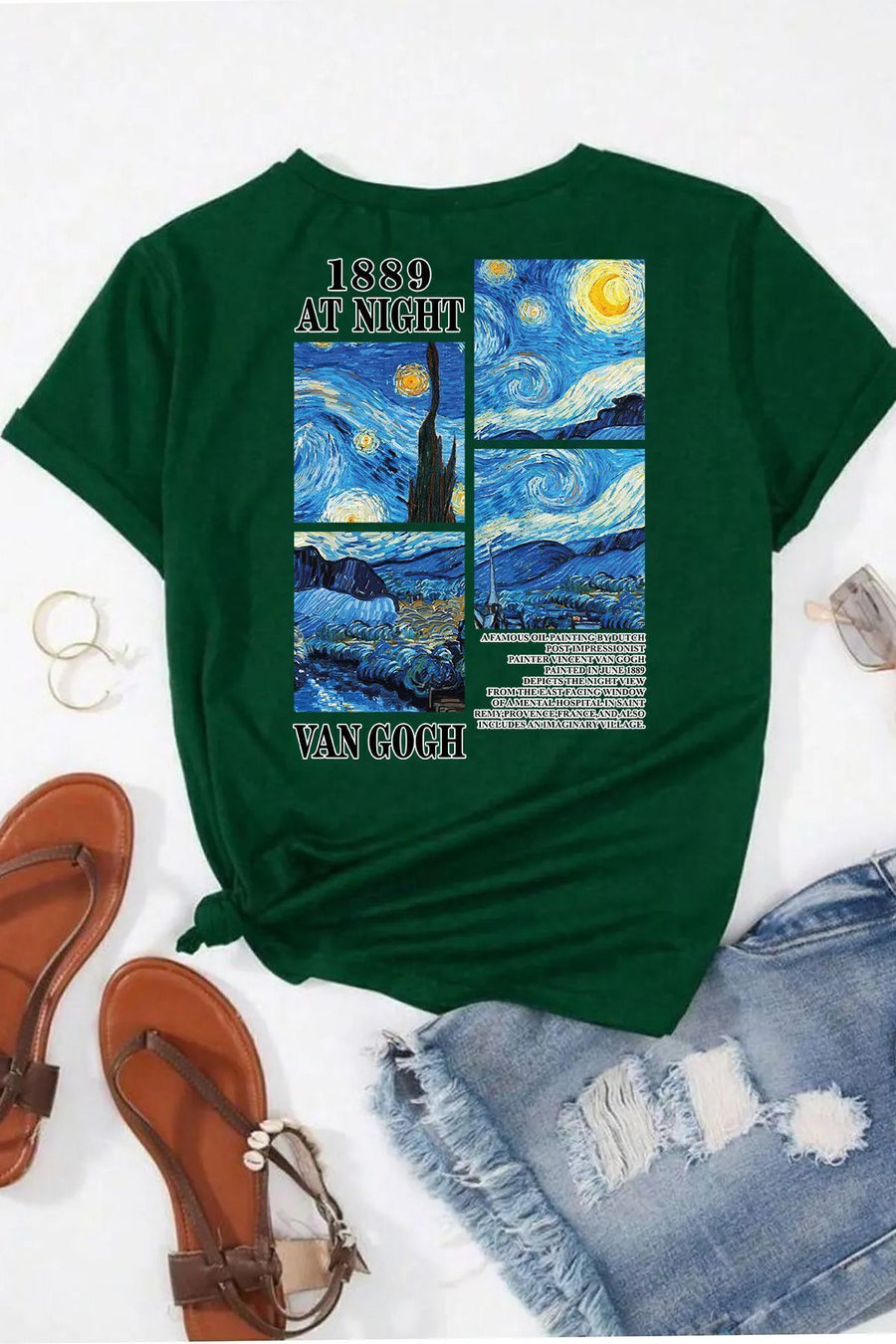 uyguntarz Unisex Van Gogh Baskılı Oversize Tshirt - Yeşil
