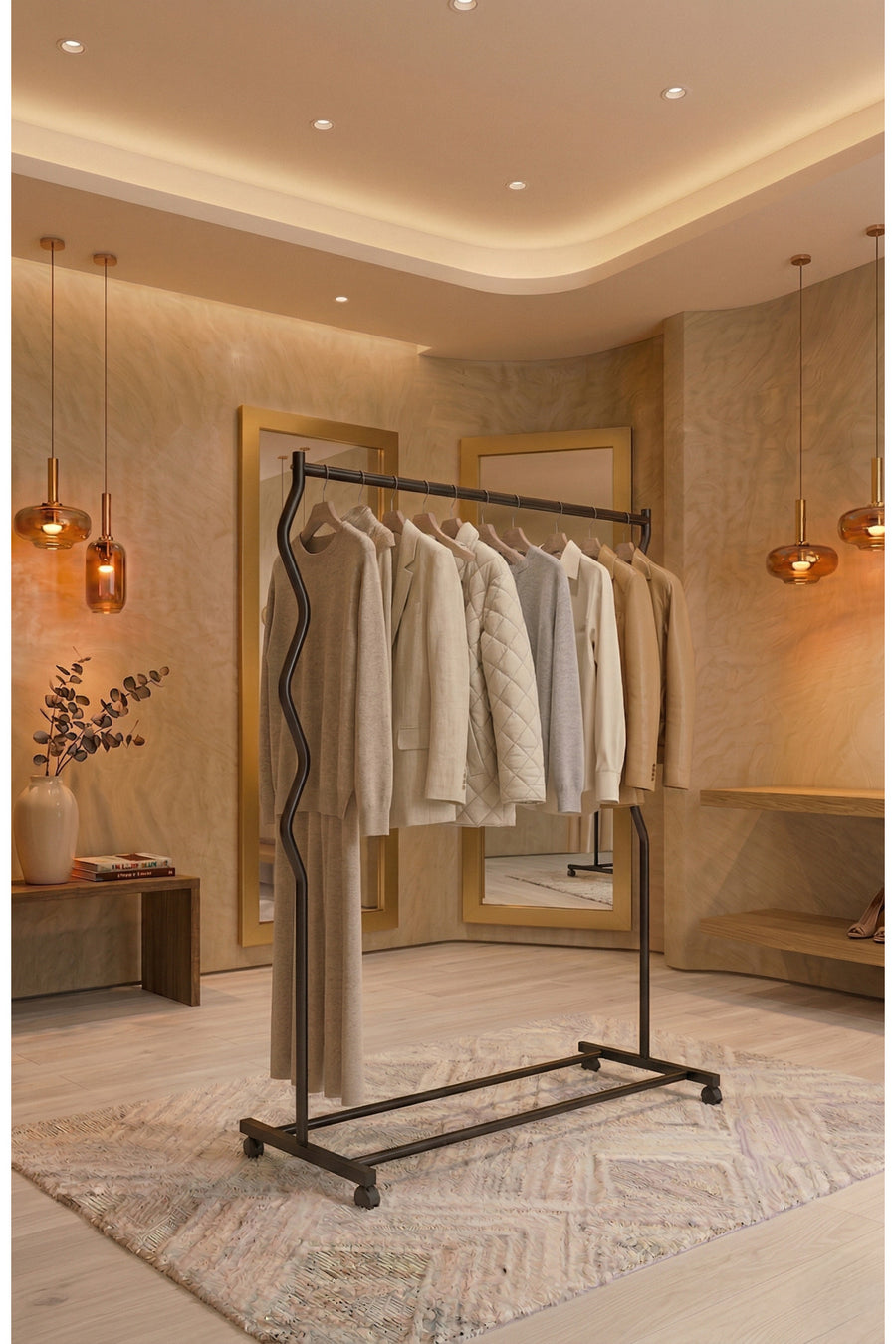 ARVİONHOME Modern Lüks Gold Desenli Metal Tekerlekli Konfeksiyon Askılığı ve Dayanıklı Taşınabilir Raflı Stand