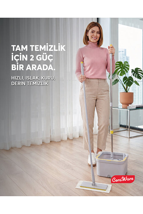 Ceraware Home Care Premium Hijyen Seti Dual System Kare Mop Pratica Click Mop 2 Mikrofiber Bez