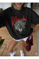 Framgan Unısex Erkek/Kadın LEOPAR Özel Baskılı Oversize Pamuklu Bisiklet Yaka T-Shirt - Siyah