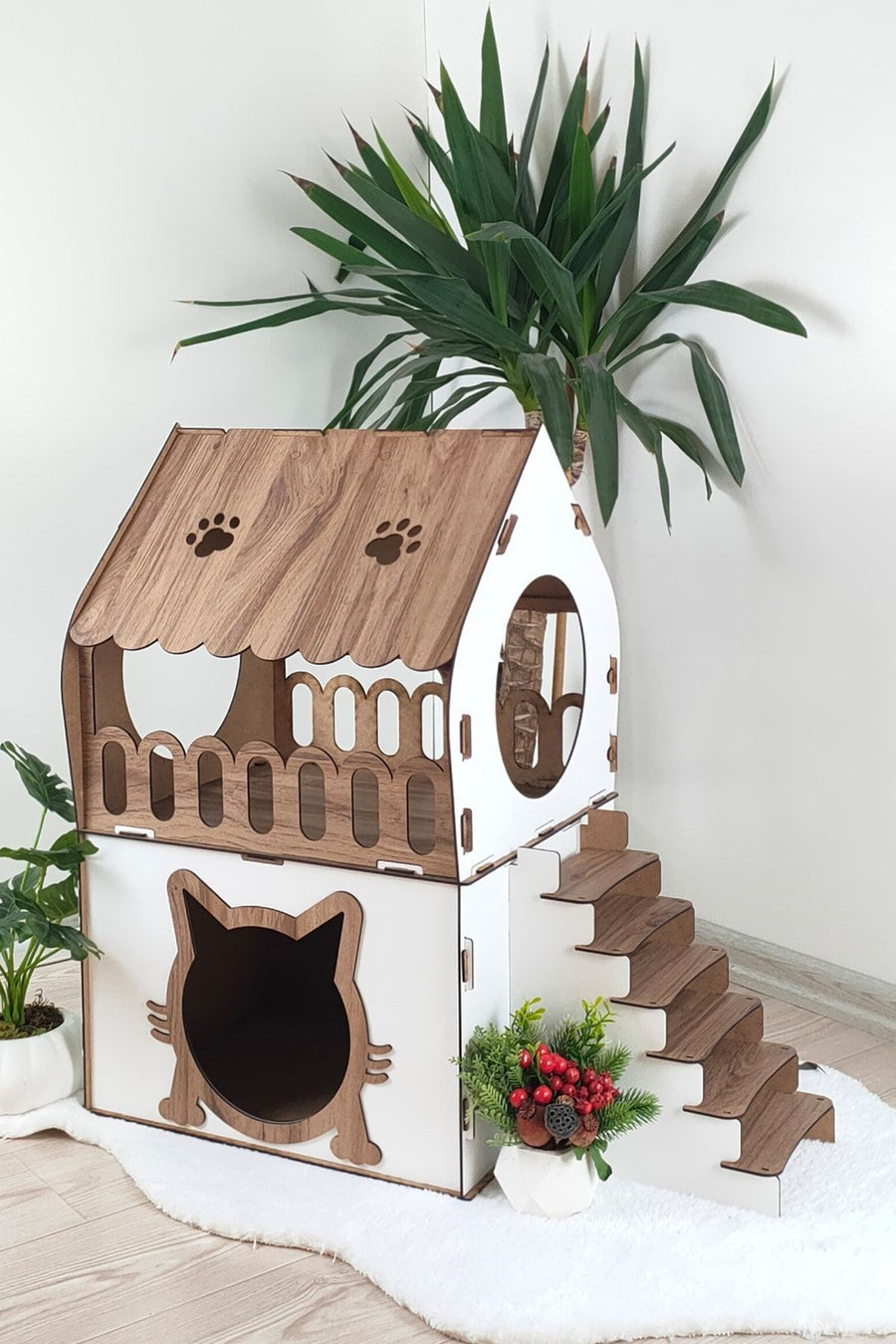 Genel Markalar Teraslı Kedi Evi 2 katlı dubleks kedi evi kedi yatağı kedi kafesi