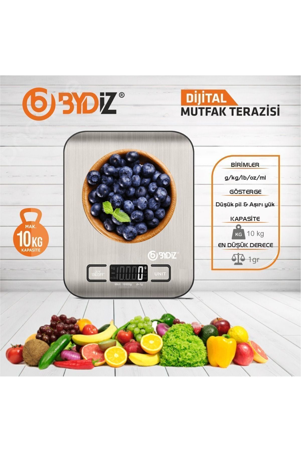 bydiz By-Dijital Kg Mutfak Terazisi - Paslanmaz Çelik Yüzeyli Hassas Mutfak Tartısı gr Hassasiyet - Görsel 3