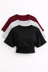 COMBİNE MİCHAİL Kadın Yarasa Kollu Basic Dar 3 Lü Crop Bluz - Kahve