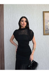 ESRAHELVACI Dik Yaka Drapeli Tül Maxi Elbise