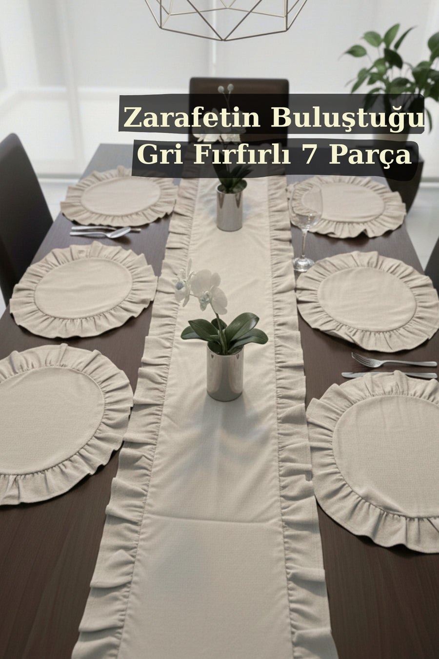 KAMİZ Fırfırlı Keten Runner & 6'lı Fıfırlı Supla Seti - 7 Parça Çeyiz Seti