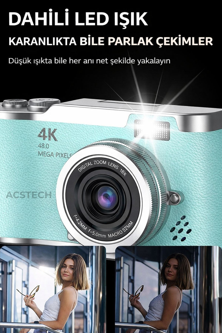 ACSTECH 4K Dijital Fotoğraf Makinesi 48MP Flip Ekran 18X Zoom Flaşlı 64GB Hediyeli Türkçe Menü - Pembe