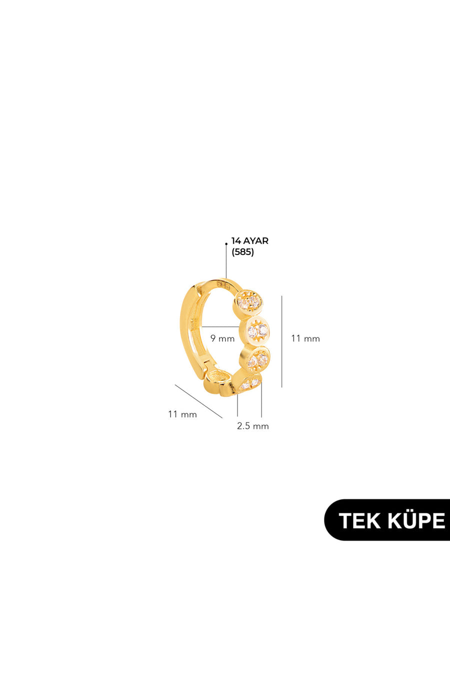 GOLDKUPE 14 Ayar Altın Taşlı Tek Petek Halka Küpe 0,58 gr