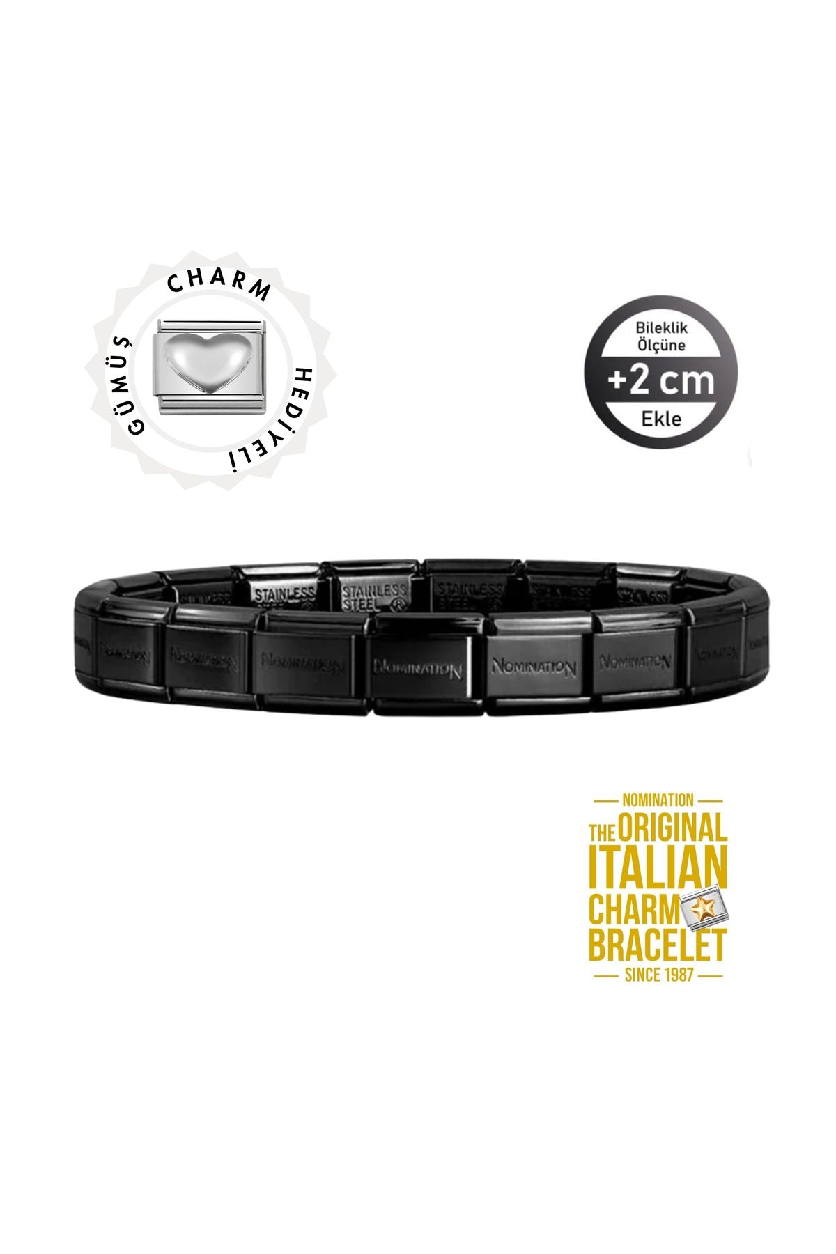 NOMİNATİON Orijinal İtalyan Charm Bileklik Kişiselleştirilebilir Siyah, Gümüş Kalp Link Hediye Made in Italy