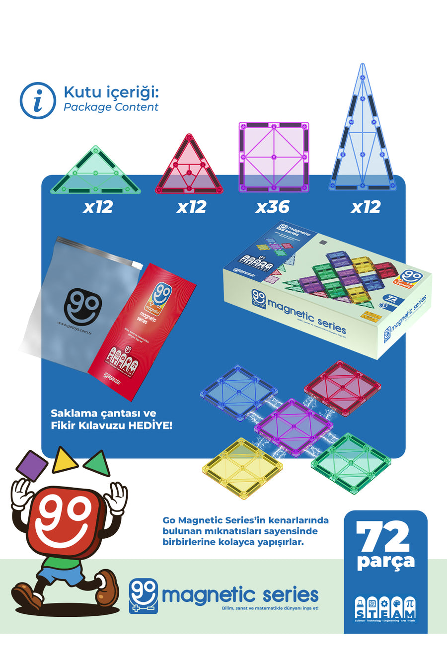 Go Toys Go Magnetic Series 72 Parça Manyetik Yapı Blokları Original - Mıknatıslı Manyetik Bloklar