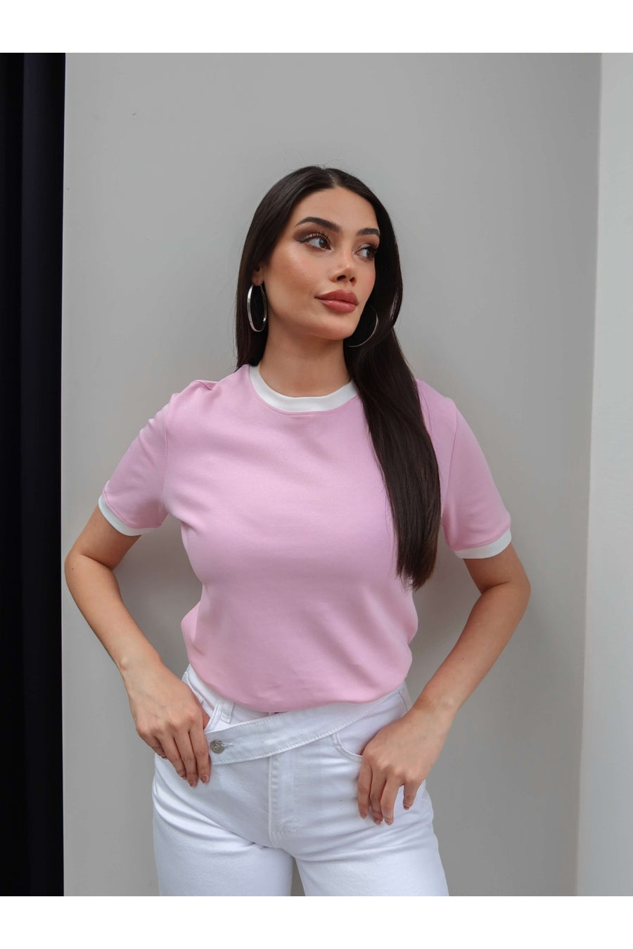 ESRAHELVACI Biyeli Bisiklet Yaka T-Shirt - Aci