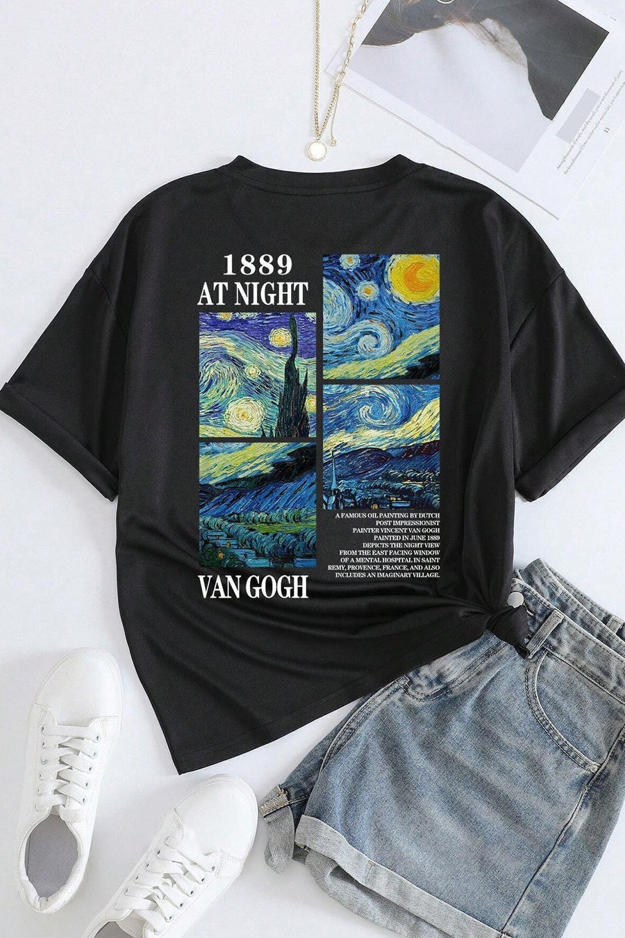 uyguntarz Unisex Van Gogh Baskılı Oversize Tshirt - Siyah