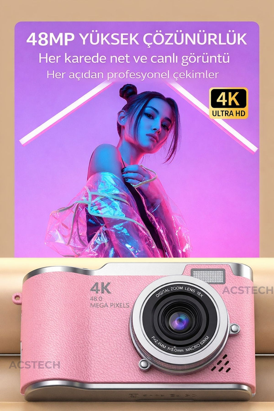 ACSTECH 4K Dijital Fotoğraf Makinesi 48MP Flip Ekran 18X Zoom Flaşlı 64GB Hediyeli Türkçe Menü - Pembe