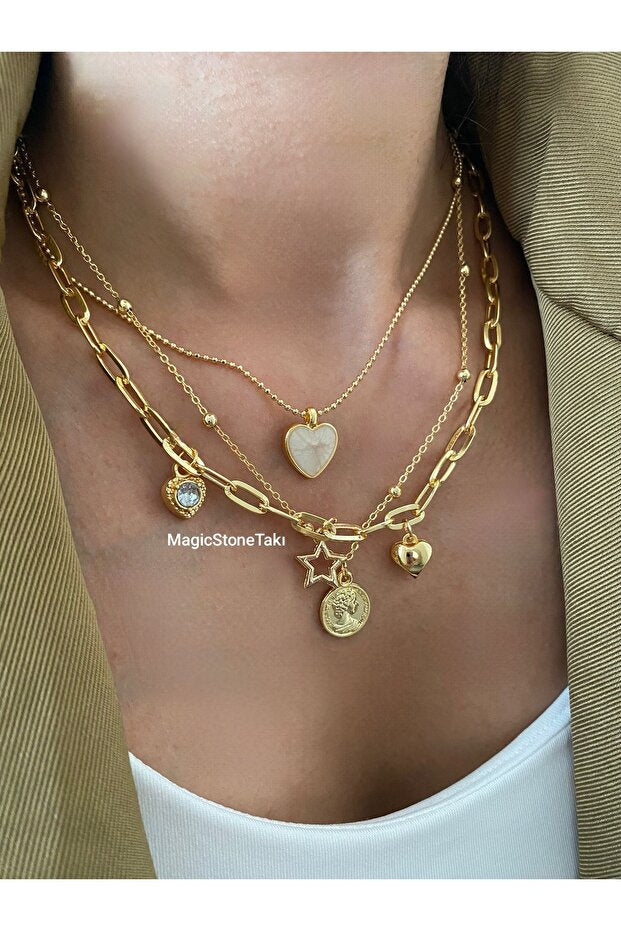 MagicStone Messy Style Üçlü Kombin Kolye Altın Renk