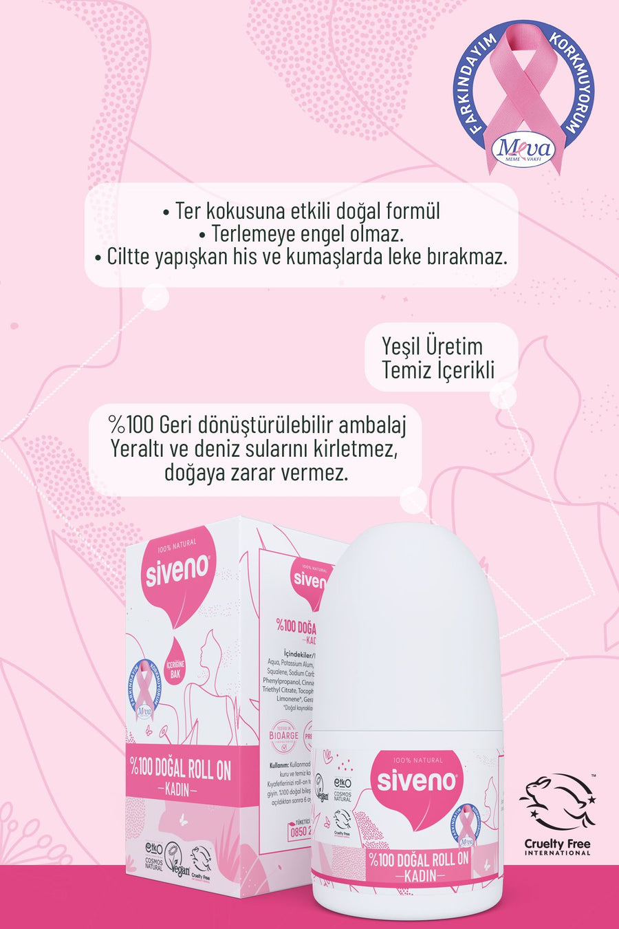 Siveno %Doğal Roll-on Kadın Deodoranter Kokusu Önleyici Bitkiseleke Bırakmayan Vegan ml