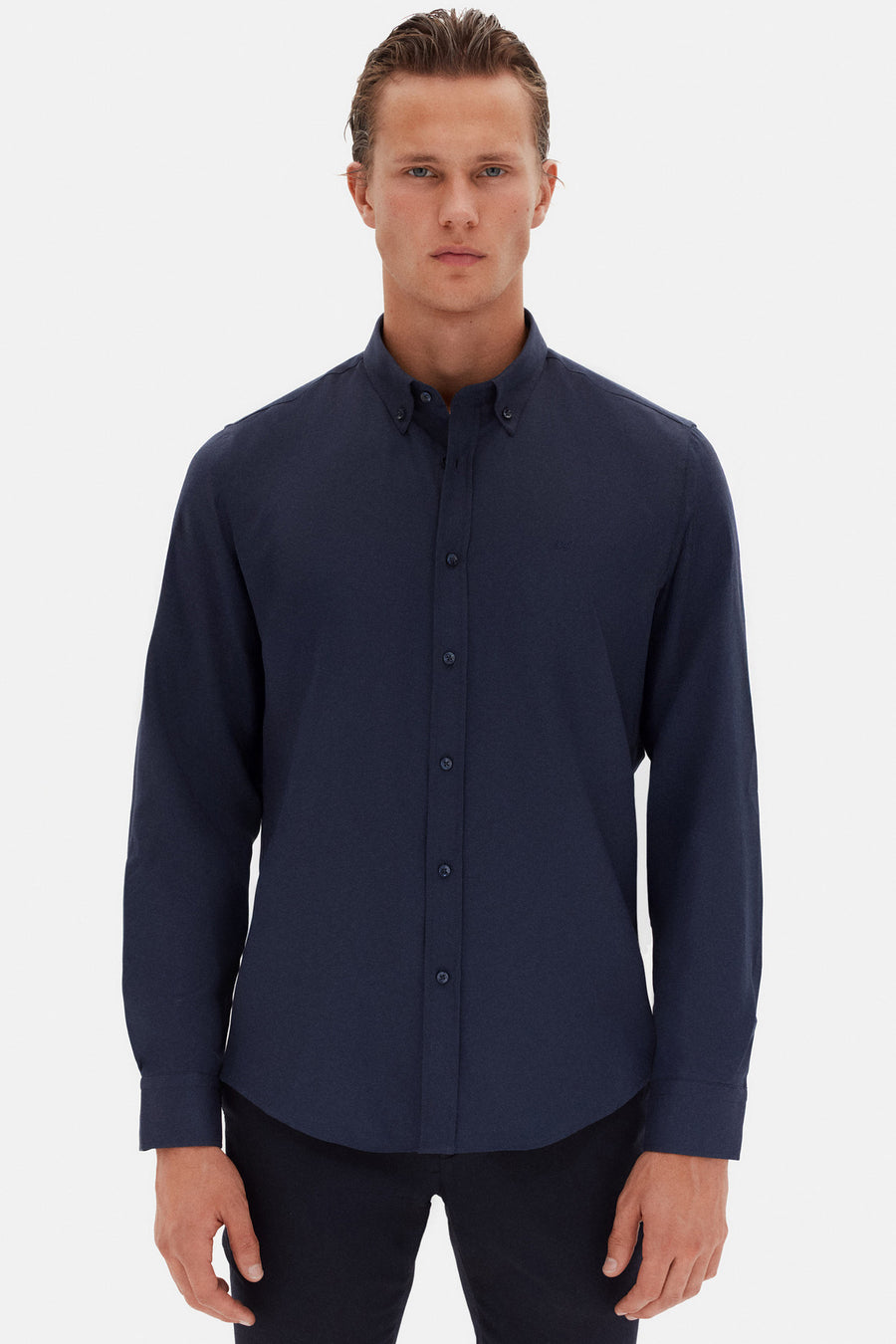 D'S Damat Ds Damat Slim Fit Bej Oxford Düğmeli Yaka Kolay Ütülenebilir Nakış Detaylı Pamuklu Gömlek - İndigo