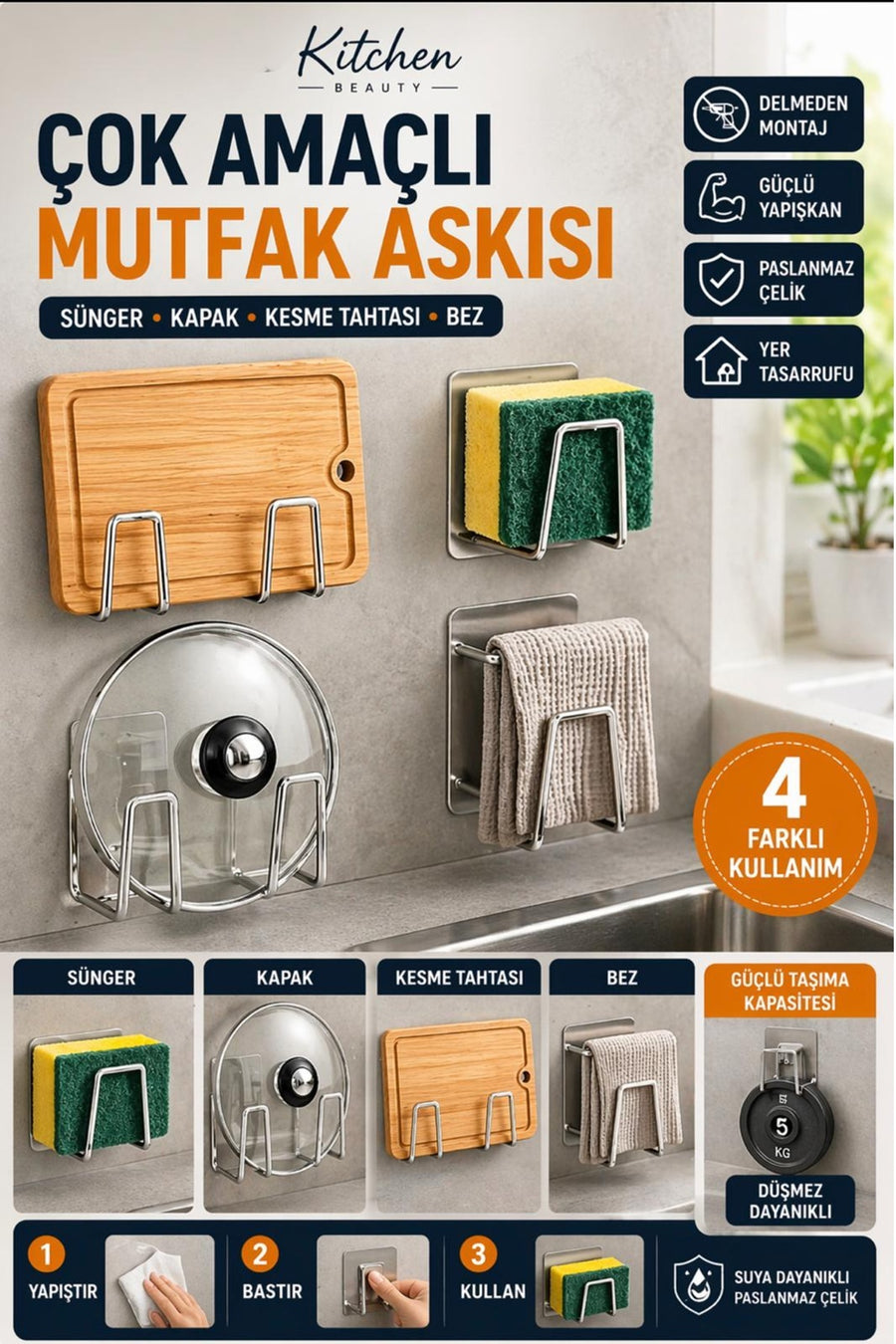 Kitchen Beauty Paslanmaz Krom Yapışkanlı Bulaşık Süngeri Tutucu Ve Evye Düzenleyici Süngerlik