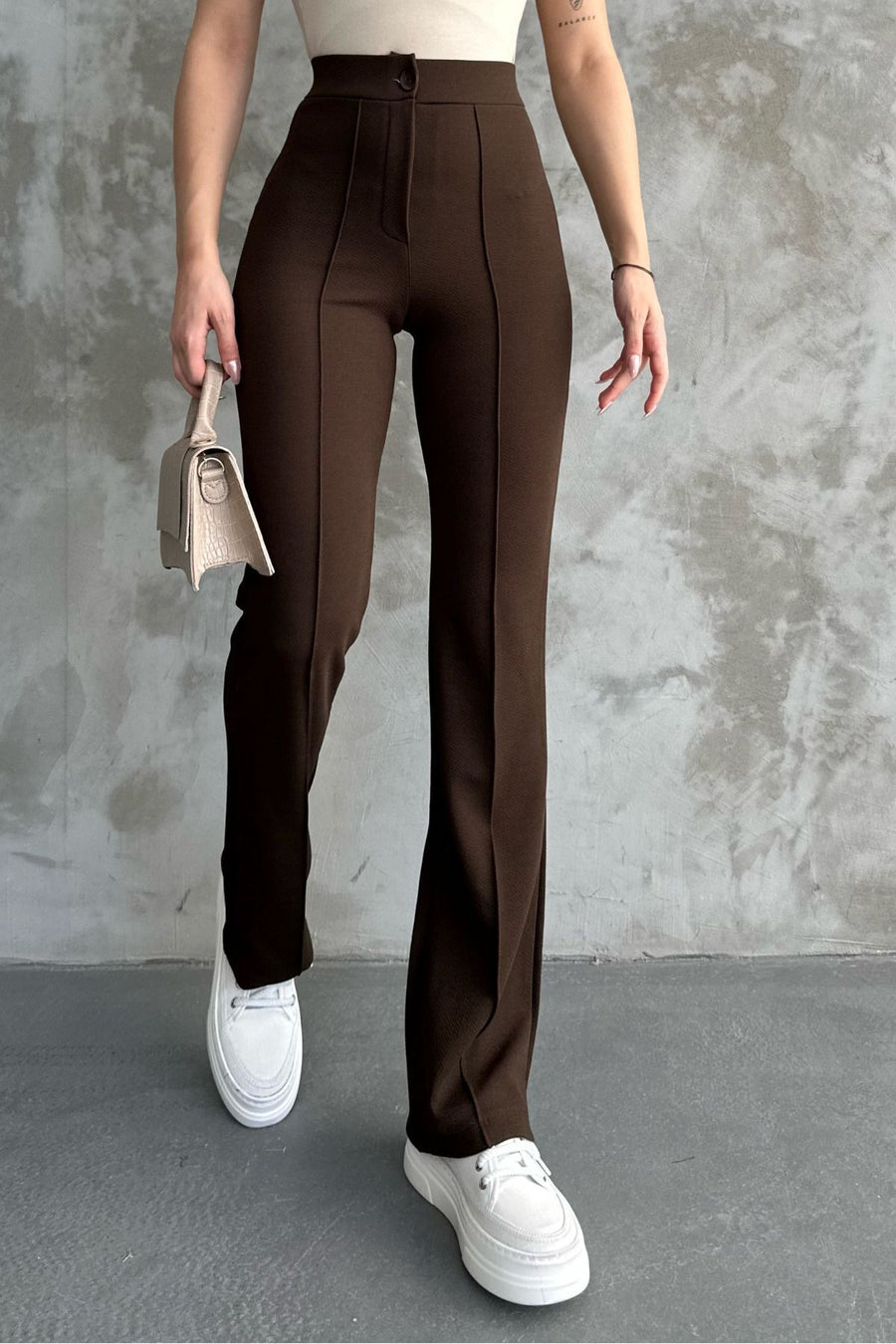 macharel jeans Kadın Siyah Yüksek Bel Toparlayıcı Ispanyol Paça Palazzo Pantolon - Kahve