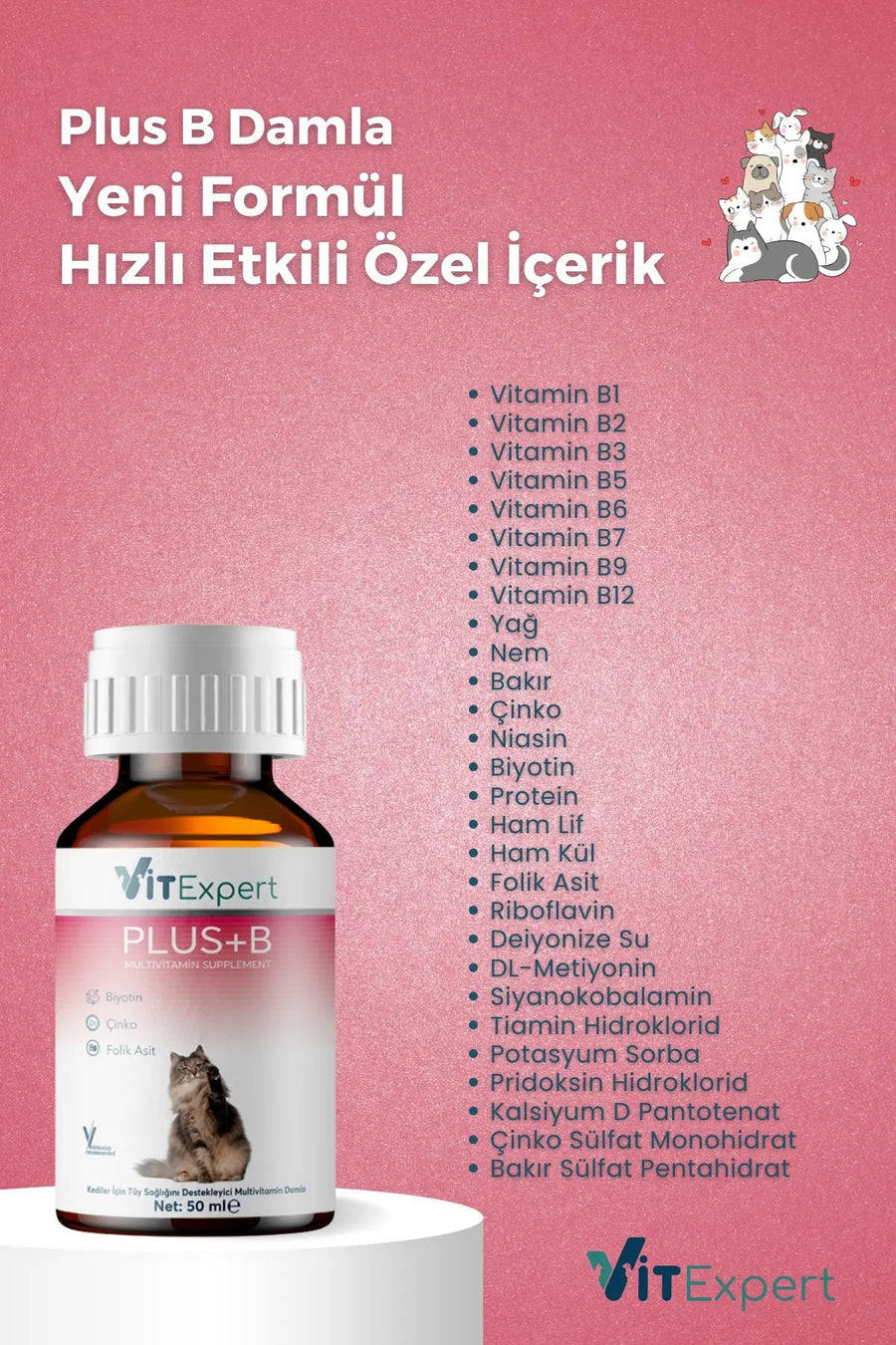 Vitexpert Hızlı Etkili Tüy Dökülmesi Önleyici Tüm Kediler İçin Plus B Biyotin Multivitamin Damlası 50 ml