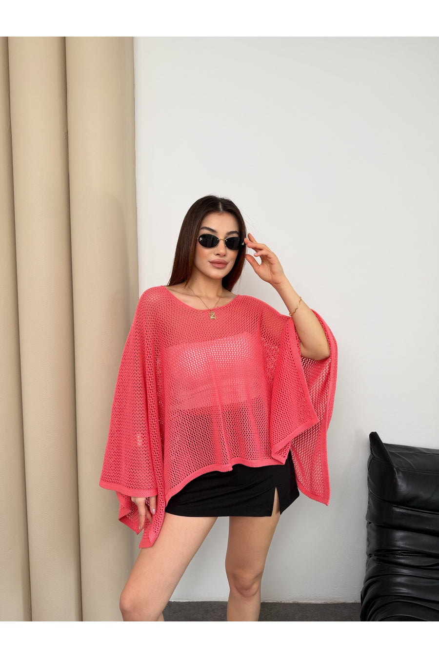 TOFİX textile Kadın File Triko Panço Bluz Salaş Oversize Yarasa Kol Yazlık Örgü Bluz - Turuncu