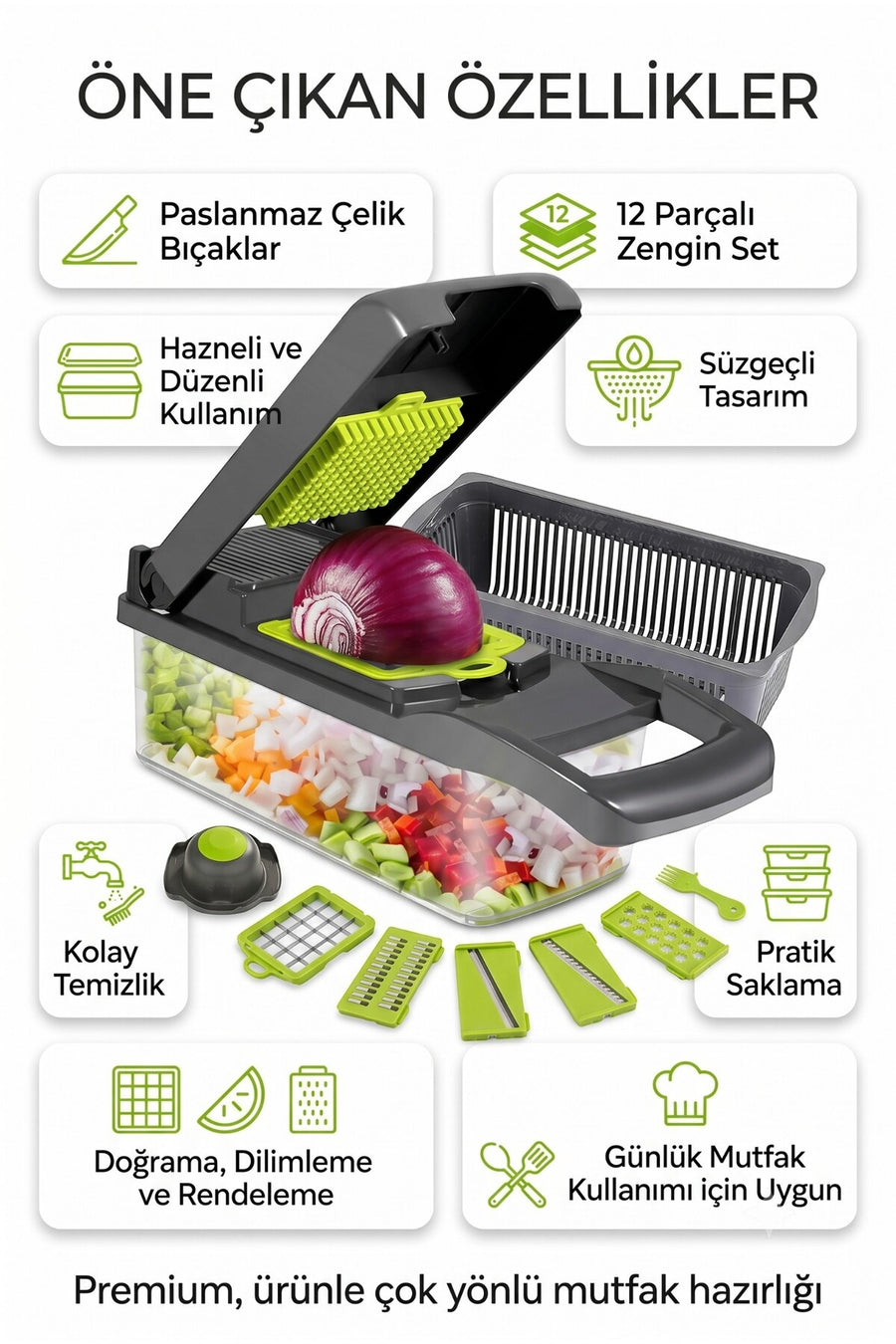 4 Berry FB-105 Çok Fonksiyonlu Doğrayıcı – 12 Parçalı Sebze Doğrayıcı, Rende, Dilimleyici ve Süzgeç Seti